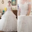 Chic / Beautiful White Wedding Dresses 2017 Ball Gown Off-The-Shoulder Short Sleeve Backless Appliques Flower Leaf Pearl Cathedral Train