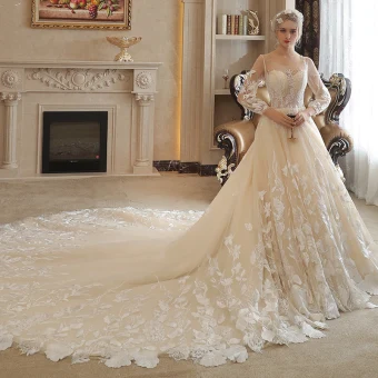 Piękne Szampan Przebili Suknie Ślubne 2017 Princessa Wycięciem Długie Rękawy Aplikacje Z Koronki Perła Rhinestone Trenem Katedra