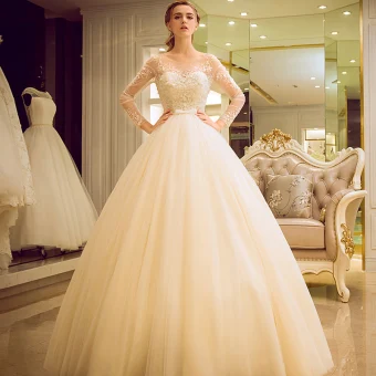 Chic Belle Champagne Percé Robe De Mariée 2017 Robe Boule Encolure Dégagée Manches Longues Dos Nu Appliques Fleur Perlage Noeud Ceinture Longue