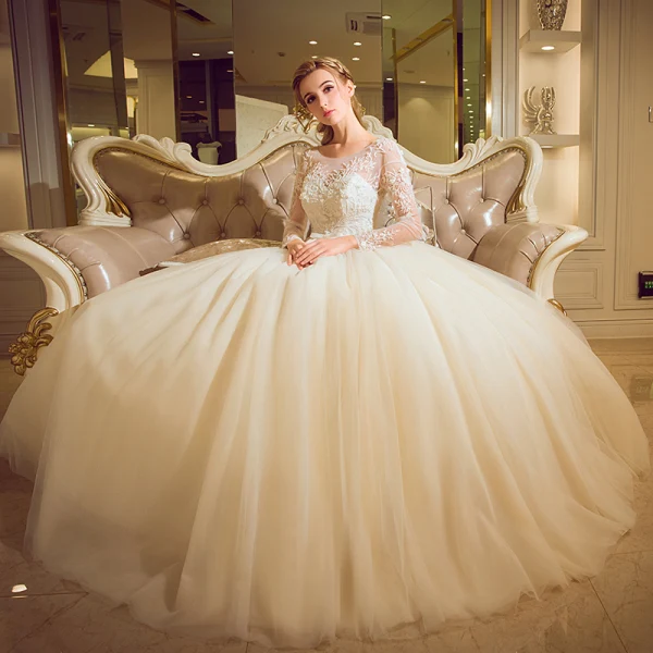 Chic / Beautiful Champagne Pierced Wedding Dresses 2017 Ball Gown Scoop Neck Long Sleeve Backless Appliques Flower Beading Bow Sash Floor-Length / Long