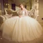 Chic / Beautiful Champagne Pierced Wedding Dresses 2017 Ball Gown Scoop Neck Long Sleeve Backless Appliques Flower Beading Bow Sash Floor-Length / Long