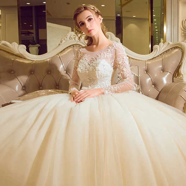 Chic / Beautiful Champagne Pierced Wedding Dresses 2017 Ball Gown Scoop Neck Long Sleeve Backless Appliques Flower Beading Bow Sash Floor-Length / Long