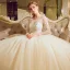 Chic / Beautiful Champagne Pierced Wedding Dresses 2017 Ball Gown Scoop Neck Long Sleeve Backless Appliques Flower Beading Bow Sash Floor-Length / Long