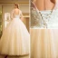 Chic / Beautiful Champagne Pierced Wedding Dresses 2017 Ball Gown Scoop Neck Long Sleeve Backless Appliques Flower Beading Bow Sash Floor-Length / Long