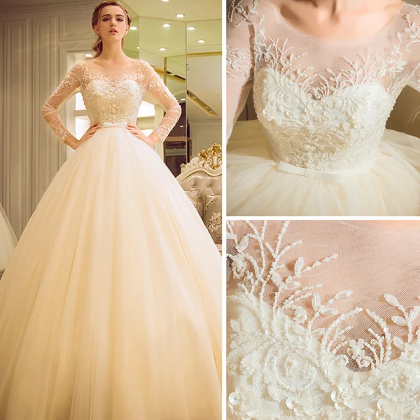 Chic / Beautiful Champagne Pierced Wedding Dresses 2017 Ball Gown Scoop Neck Long Sleeve Backless Appliques Flower Beading Bow Sash Floor-Length / Long
