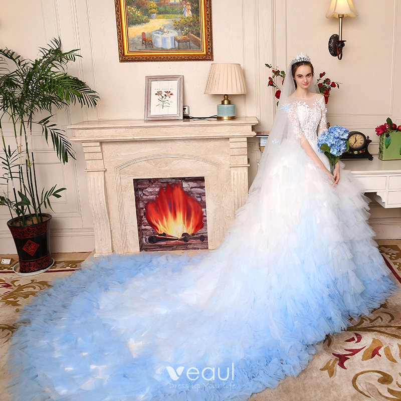 High Neck Long Sleeve Sky Blue Lace Prom Dresses, Sky Blue Lace Formal –  Lwt Dress
