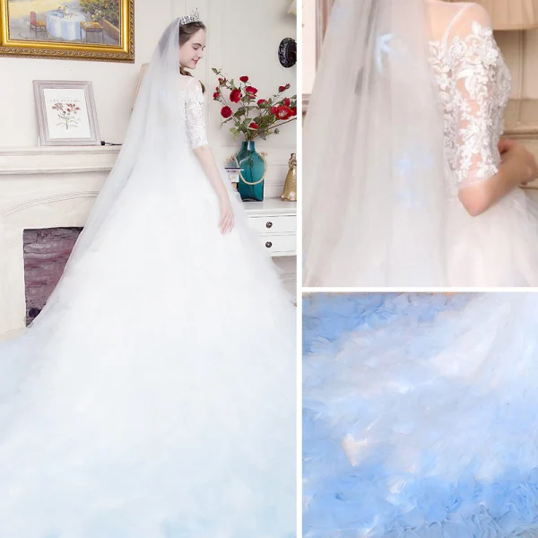 Stunning White Gradient-Color Sky Blue Pierced Wedding Dresses 2017 Ball Gown Scoop Neck 3/4 Sleeve Appliques Lace Cathedral Train