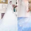Stunning White Gradient-Color Sky Blue Pierced Wedding Dresses 2017 Ball Gown Scoop Neck 3/4 Sleeve Appliques Lace Cathedral Train