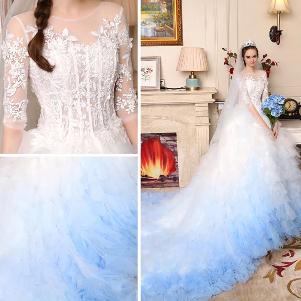 Stunning White Gradient-Color Sky Blue Pierced Wedding Dresses 2017 Ball Gown Scoop Neck 3/4 Sleeve Appliques Lace Cathedral Train