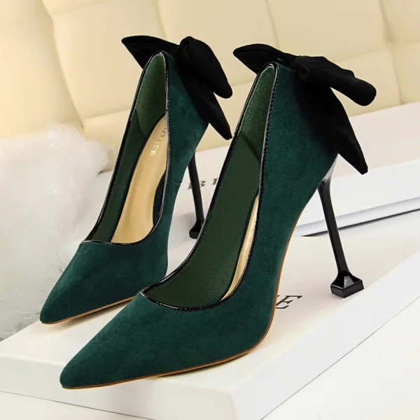 Lovely Black Bow Suede Prom Pumps 2022 9 cm Stiletto Heels Pointed Toe Pumps High Heels
