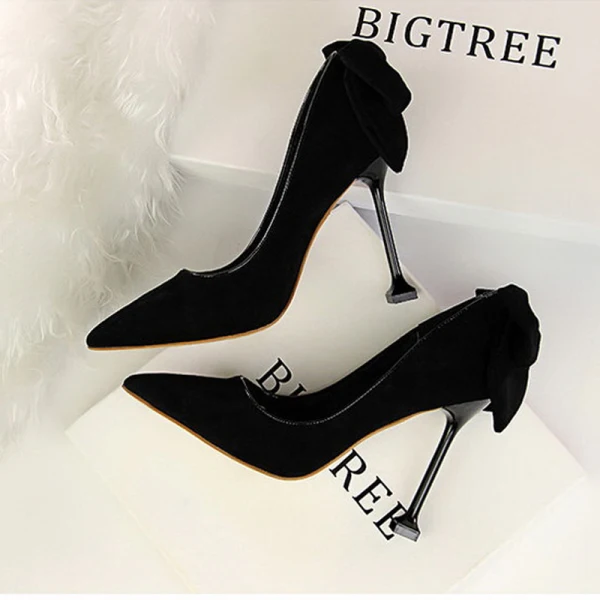 Lovely Black Bow Suede Prom Pumps 2022 9 cm Stiletto Heels Pointed Toe Pumps High Heels