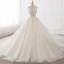 Chic / Beautiful Champagne Pierced Wedding Dresses 2017 Ball Gown Scoop Neck Sleeveless Backless Appliques Lace Beading Pearl Cathedral Train