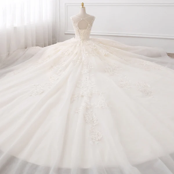 Chic / Beautiful Champagne Pierced Wedding Dresses 2017 Ball Gown Scoop Neck Sleeveless Backless Appliques Lace Beading Pearl Cathedral Train