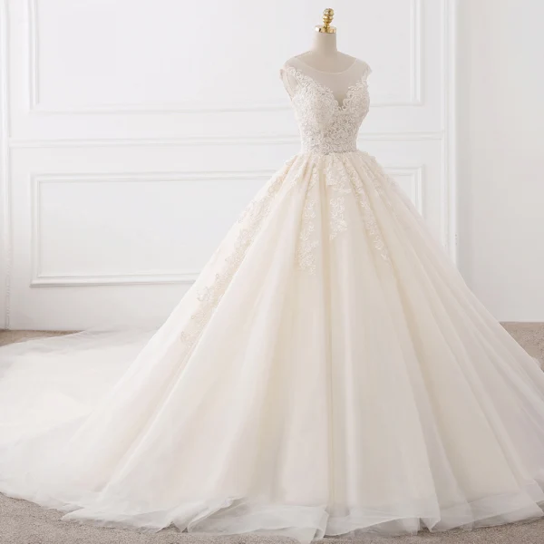 Chic / Beautiful Champagne Pierced Wedding Dresses 2017 Ball Gown Scoop Neck Sleeveless Backless Appliques Lace Beading Pearl Cathedral Train