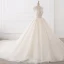Chic / Beautiful Champagne Pierced Wedding Dresses 2017 Ball Gown Scoop Neck Sleeveless Backless Appliques Lace Beading Pearl Cathedral Train