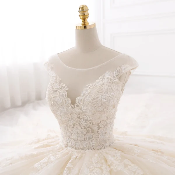 Chic / Beautiful Champagne Pierced Wedding Dresses 2017 Ball Gown Scoop Neck Sleeveless Backless Appliques Lace Beading Pearl Cathedral Train