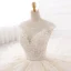Chic / Beautiful Champagne Pierced Wedding Dresses 2017 Ball Gown Scoop Neck Sleeveless Backless Appliques Lace Beading Pearl Cathedral Train