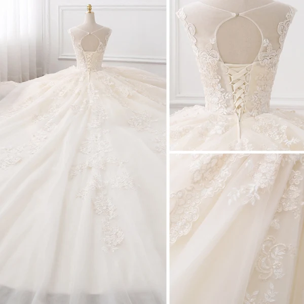 Chic / Beautiful Champagne Pierced Wedding Dresses 2017 Ball Gown Scoop Neck Sleeveless Backless Appliques Lace Beading Pearl Cathedral Train