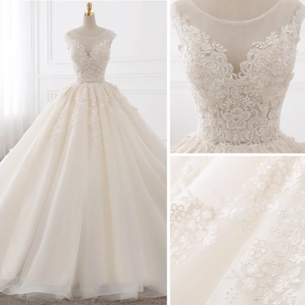 Chic / Beautiful Champagne Pierced Wedding Dresses 2017 Ball Gown Scoop Neck Sleeveless Backless Appliques Lace Beading Pearl Cathedral Train