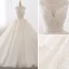 Chic / Beautiful Champagne Pierced Wedding Dresses 2017 Ball Gown Scoop Neck Sleeveless Backless Appliques Lace Beading Pearl Cathedral Train