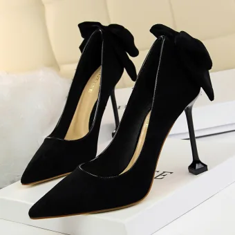 Lovely Black Bow Suede Prom Pumps 2022 9 Cm Stiletto Heels Pointed Toe Pumps High Heels