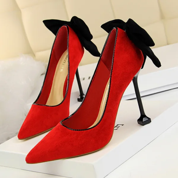 Lovely Black Bow Suede Prom Pumps 2022 9 cm Stiletto Heels Pointed Toe Pumps High Heels