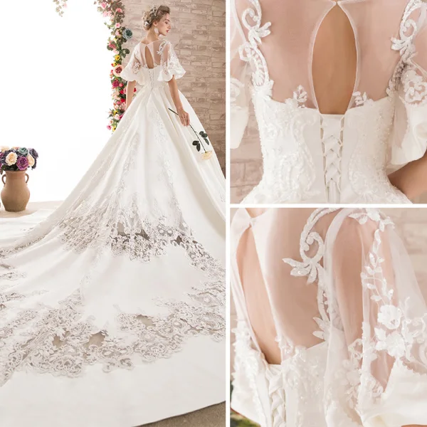 Stunning White Pierced Wedding Dresses 2018 Ball Gown V-Neck 1/2 Sleeves Backless Appliques Lace Beading Royal Train