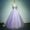 Affordable Prom Dresses 2017 Lace Flower Appliques Pearl Sleeveless Scoop Neck Backless Floor-Length / Long Lilac Prom Ball Gown
