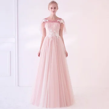 Elegant Blushing Pink See Through Prom Dresses With Shawl 2018 Empire Scoop Neck Sleeveless Appliques Lace Flower Beading Floor Length Long Ruffle Backless Formal Dresses
