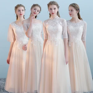 Elegant Champagne Bridesmaid Dresses 2018 A Line Princess Appliques Lace Tea Length Ruffle Backless Wedding Party Dresses