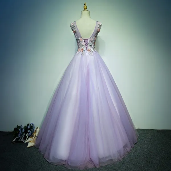 Affordable Prom Dresses 2017 Lace Flower Appliques Pearl Sleeveless Scoop Neck Backless Floor-Length / Long Prom Ball Gown