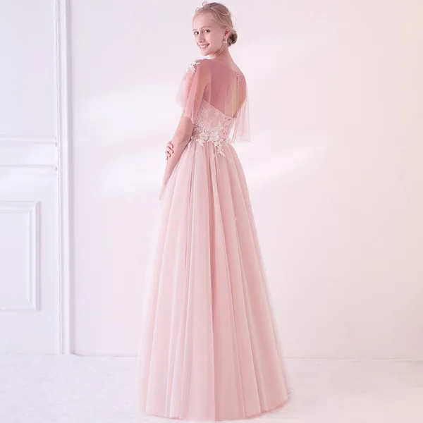 Élégant Rougissant Rose Transparentes Robe De Bal Avec Châle 2018 Empire Encolure Dégagée Sans Manches Appliques En Dentelle Fleur Perlage Longue Volants Dos Nu Robe De Ceremonie