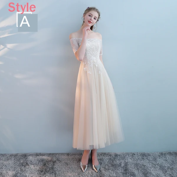 Elegant Champagne Bridesmaid Dresses 2018 A-Line / Princess Appliques Lace Tea-length Ruffle Backless Wedding Party Dresses