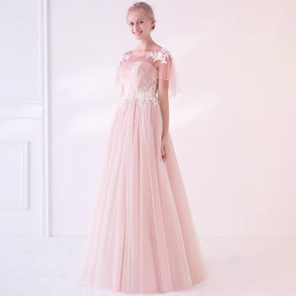 Élégant Rougissant Rose Transparentes Robe De Bal Avec Châle 2018 Empire Encolure Dégagée Sans Manches Appliques En Dentelle Fleur Perlage Longue Volants Dos Nu Robe De Ceremonie