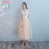 Elegant Champagne Bridesmaid Dresses 2018 A-Line / Princess Appliques Lace Tea-length Ruffle Backless Wedding Party Dresses