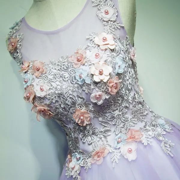 Affordable Prom Dresses 2017 Lace Flower Appliques Pearl Sleeveless Scoop Neck Backless Floor-Length / Long Prom Ball Gown