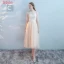 Elegant Champagne Bridesmaid Dresses 2018 A-Line / Princess Appliques Lace Tea-length Ruffle Backless Wedding Party Dresses