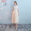Elegant Champagne Bridesmaid Dresses 2018 A-Line / Princess Appliques Lace Tea-length Ruffle Backless Wedding Party Dresses