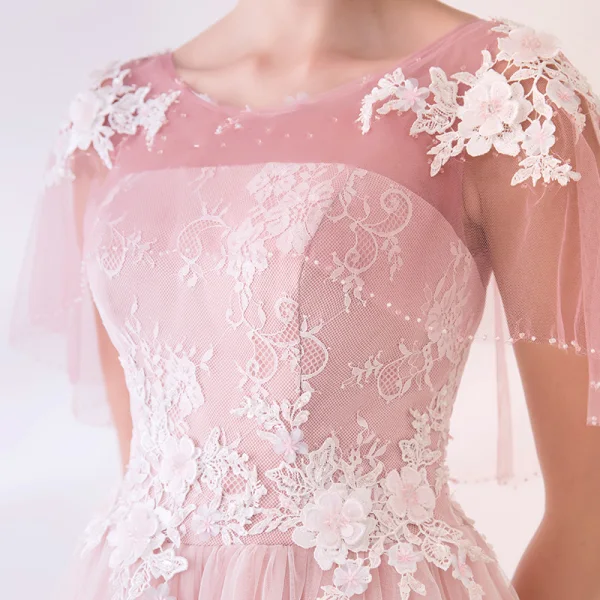 Élégant Rougissant Rose Transparentes Robe De Bal Avec Châle 2018 Empire Encolure Dégagée Sans Manches Appliques En Dentelle Fleur Perlage Longue Volants Dos Nu Robe De Ceremonie