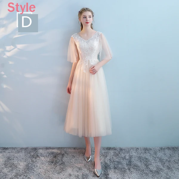 Elegant Champagne Bridesmaid Dresses 2018 A-Line / Princess Appliques Lace Tea-length Ruffle Backless Wedding Party Dresses