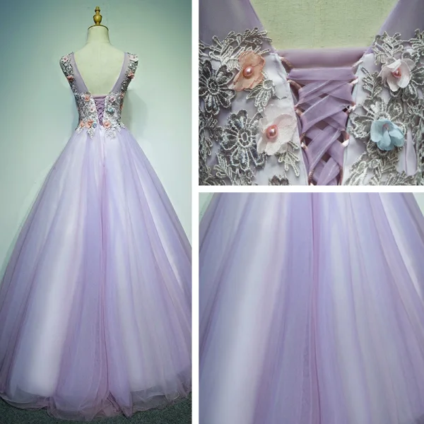 Affordable Prom Dresses 2017 Lace Flower Appliques Pearl Sleeveless Scoop Neck Backless Floor-Length / Long Prom Ball Gown