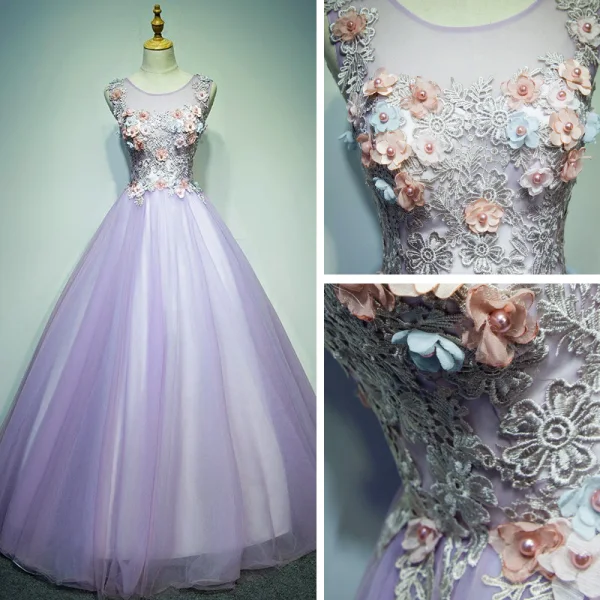 Affordable Prom Dresses 2017 Lace Flower Appliques Pearl Sleeveless Scoop Neck Backless Floor-Length / Long Prom Ball Gown