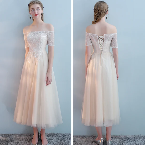 Elegant Champagne Bridesmaid Dresses 2018 A-Line / Princess Appliques Lace Tea-length Ruffle Backless Wedding Party Dresses