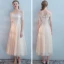Elegant Champagne Bridesmaid Dresses 2018 A-Line / Princess Appliques Lace Tea-length Ruffle Backless Wedding Party Dresses