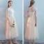 Elegant Champagne Bridesmaid Dresses 2018 A-Line / Princess Appliques Lace Tea-length Ruffle Backless Wedding Party Dresses