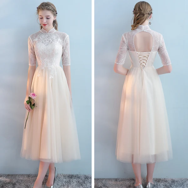 Elegant Champagne Bridesmaid Dresses 2018 A-Line / Princess Appliques Lace Tea-length Ruffle Backless Wedding Party Dresses