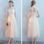Elegant Champagne Bridesmaid Dresses 2018 A-Line / Princess Appliques Lace Tea-length Ruffle Backless Wedding Party Dresses