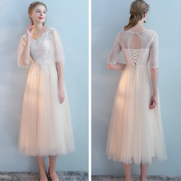 Elegant Champagne Bridesmaid Dresses 2018 A-Line / Princess Appliques Lace Tea-length Ruffle Backless Wedding Party Dresses