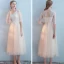 Elegant Champagne Bridesmaid Dresses 2018 A-Line / Princess Appliques Lace Tea-length Ruffle Backless Wedding Party Dresses