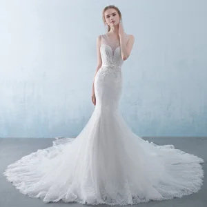Chic Beautiful White Pierced Wedding Dresses 2018 Trumpet Mermaid Scoop Neck Sleeveless Backless Appliques Lace Sequins Beading Crystal Bow Sash Cathedral Train